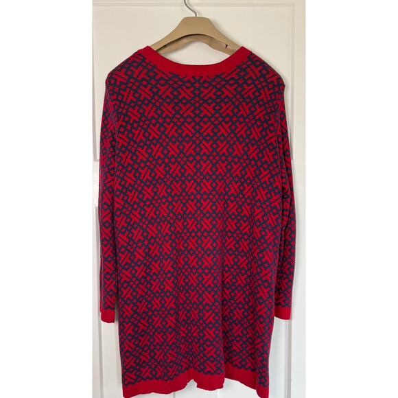 Lands End Red Navy Geometric Long Open Front Cardigan 14W/0X - Picture 3 of 12